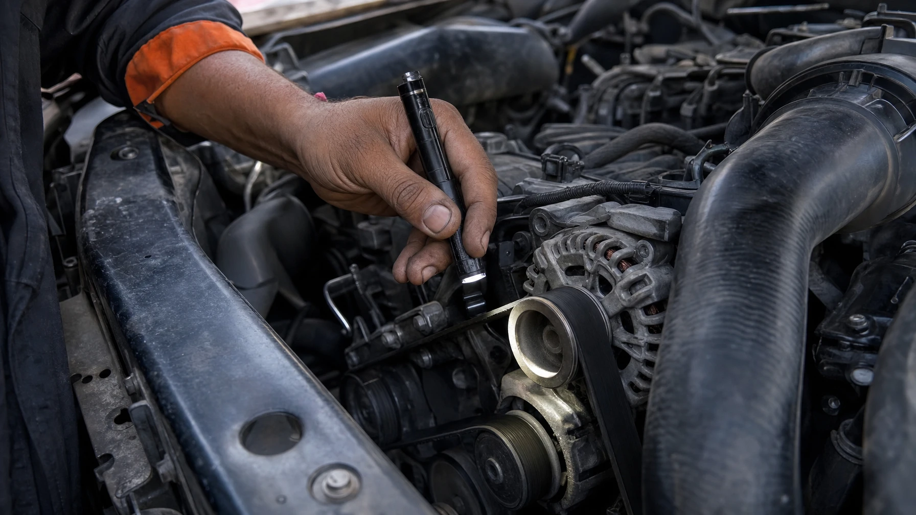 A mechanic shining a flashlight on a car's alternator and serpentine belt in the engine bay