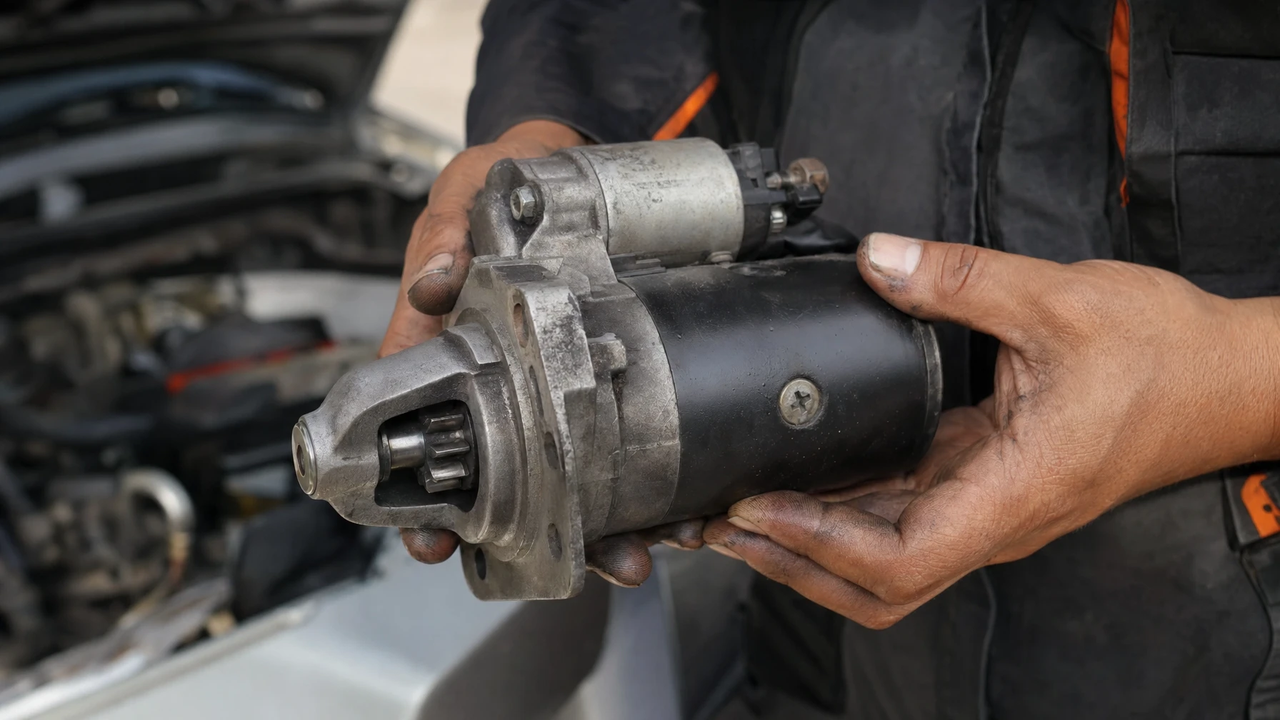 A mechanic holding a car starter motor removed from the engine