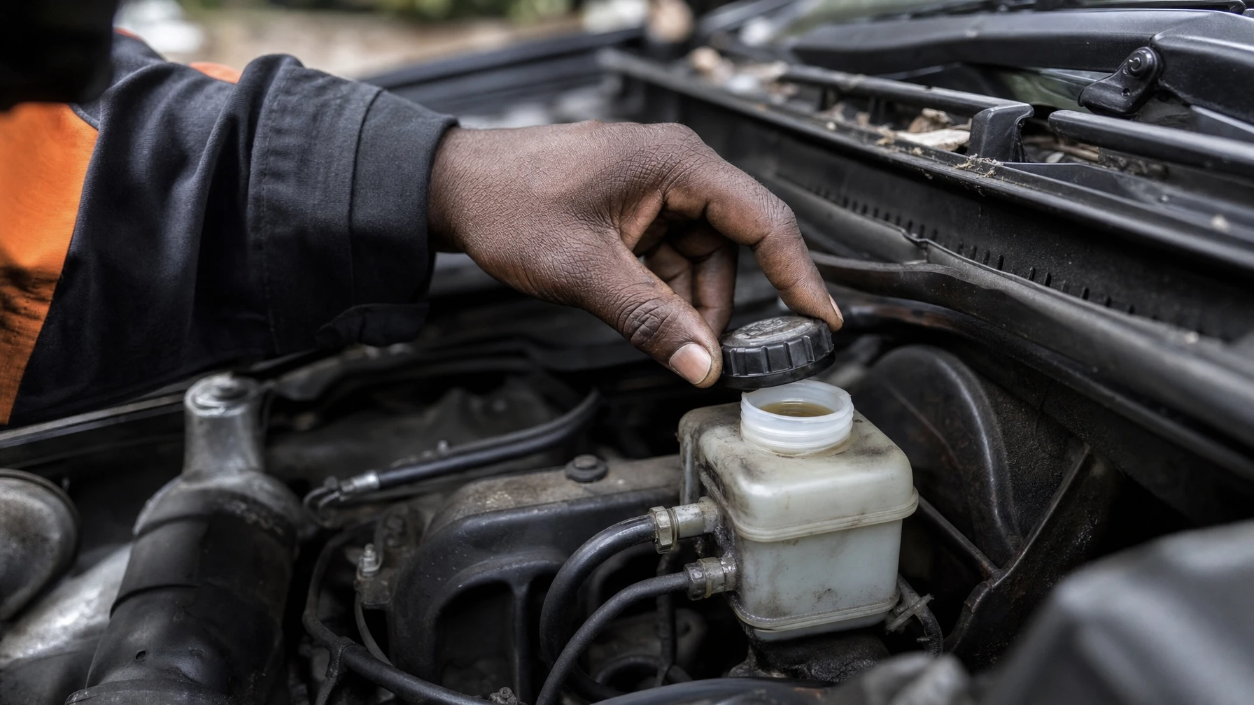 A mechanic opening a car's brake fluid reservoir cap to check the level