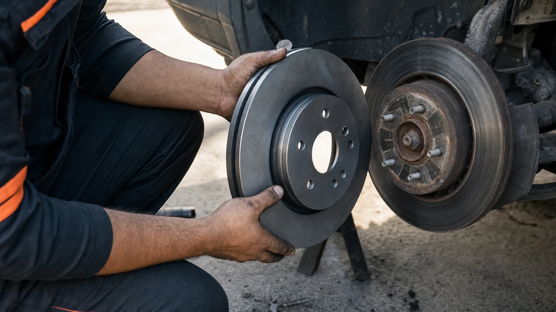 A mechanic holding a new brake rotor next to a car's worn original rotor
