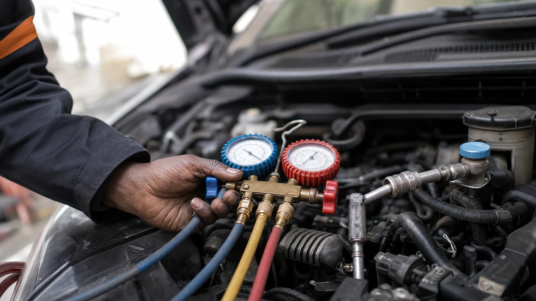 A mechanic's hand holding an AC manifold gauge set connected to a car's air conditioning system