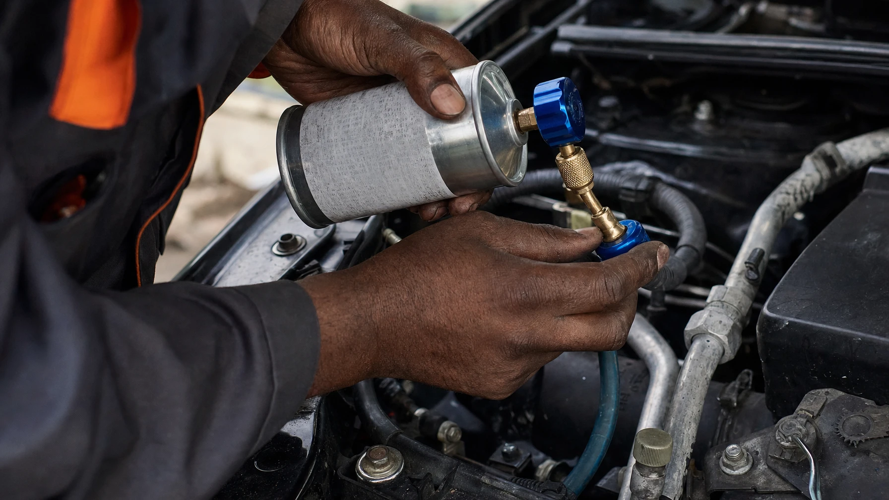 A mechanic attaching a refrigerant recharge canister to a car's AC service port