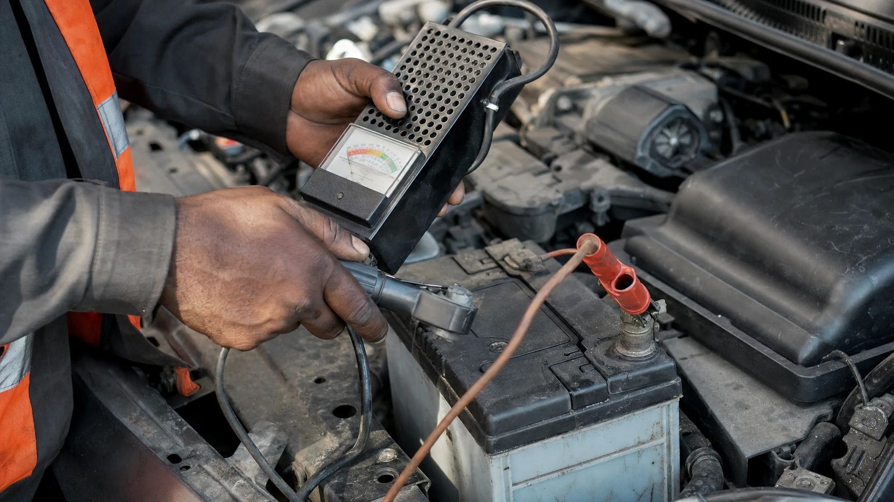 A mechanic using a handheld battery load tester on a car battery in an engine bay