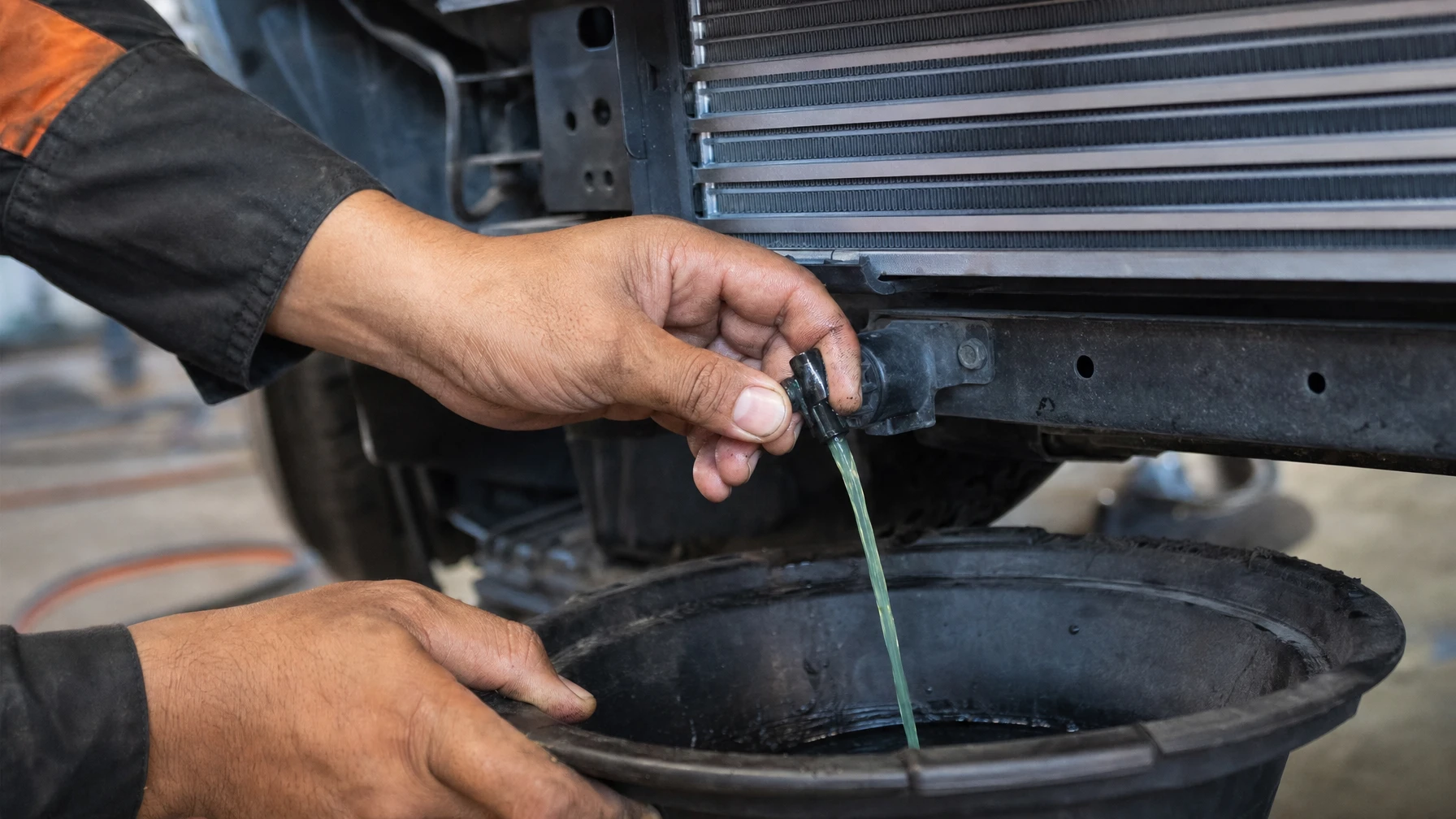 A mechanic draining old coolant from a car's radiator into a drain pan