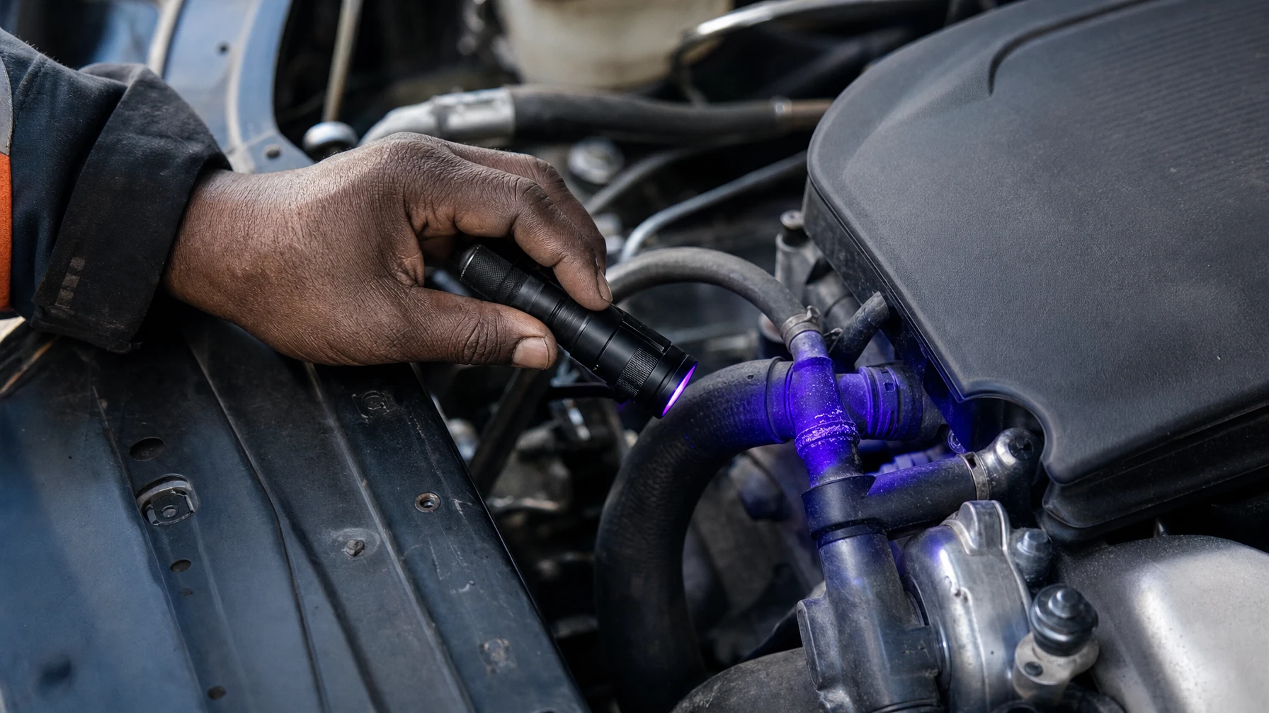 A mechanic using a UV flashlight to trace a coolant leak at a hose connection