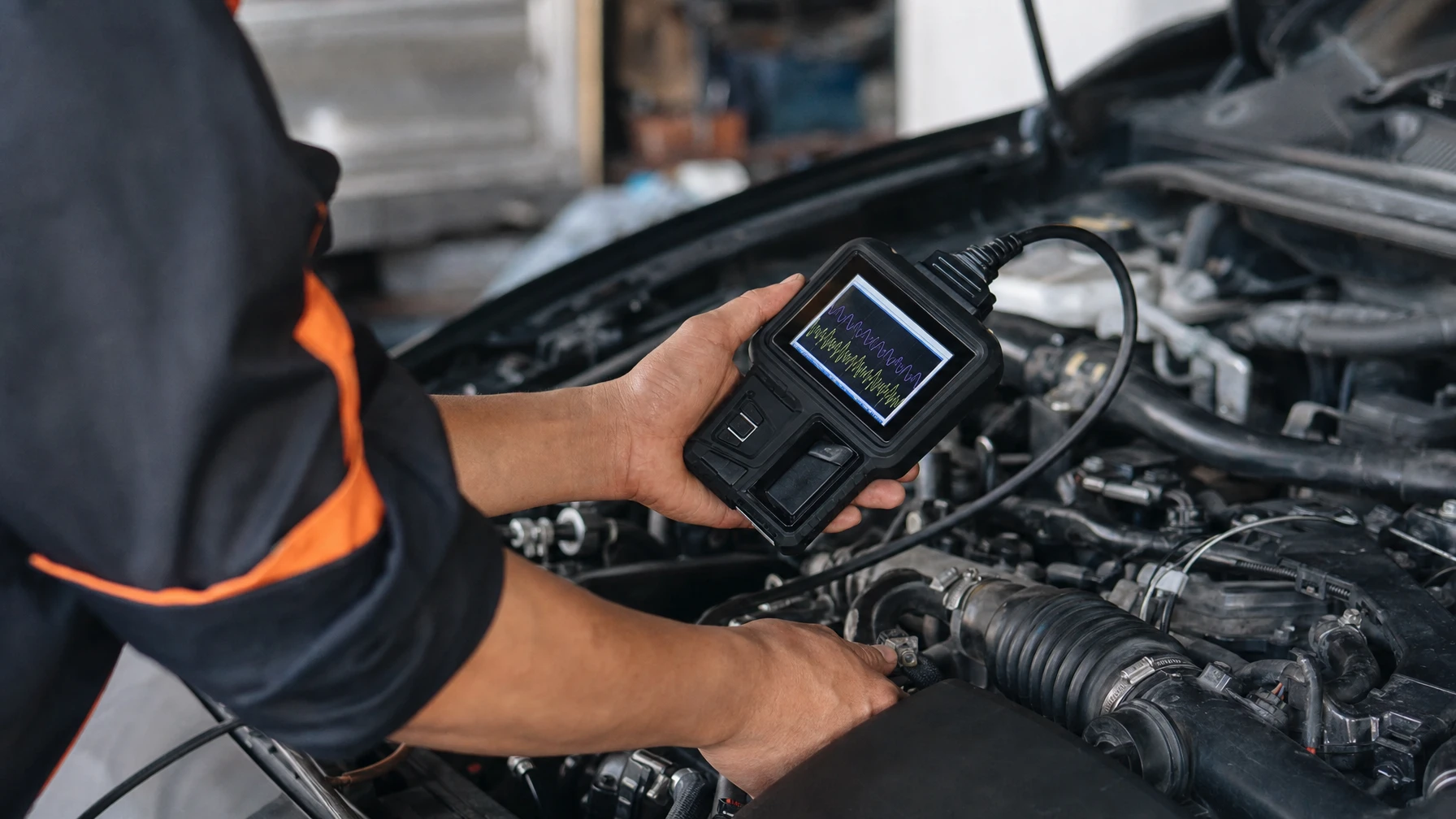 A mechanic using a diagnostic scanner tool on a car's engine