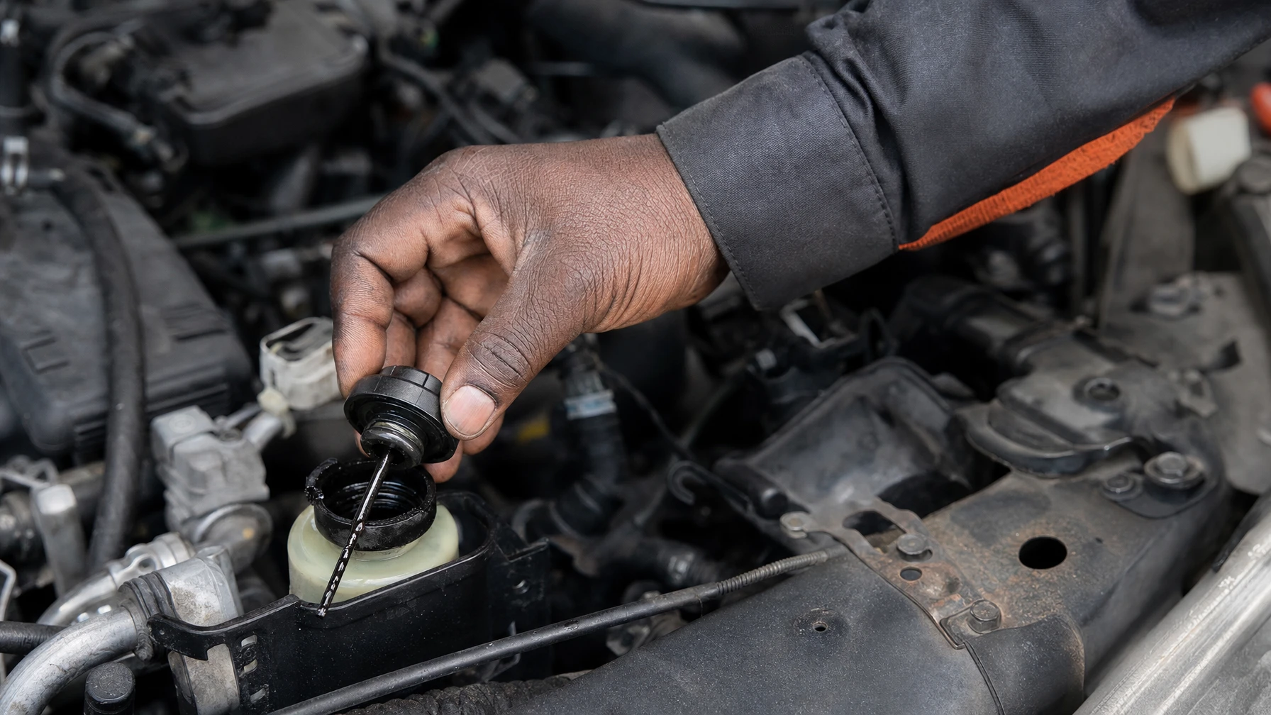 A mechanic's hand checking a car's power steering fluid reservoir under the hood