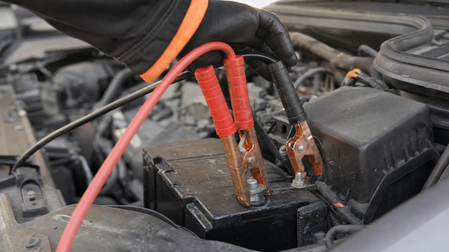 Red and black jumper cable clamps connected to a car battery in an engine bay