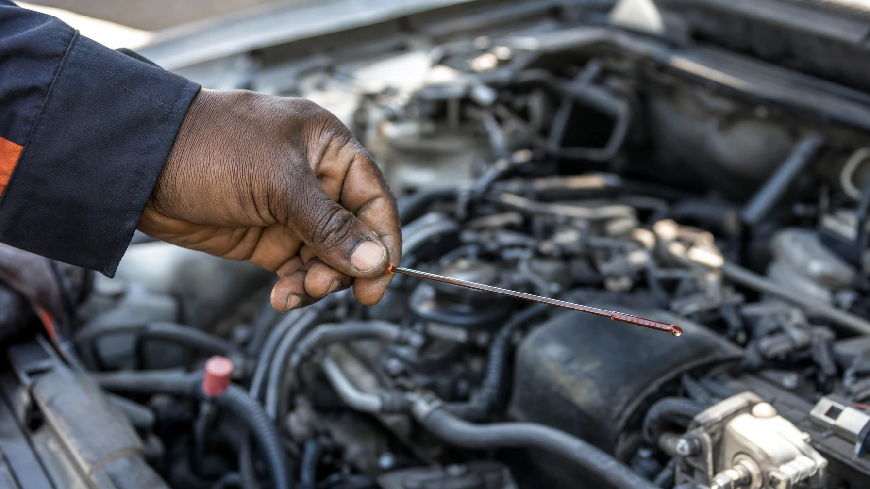 A mechanic checking a transmission dipstick, red fluid visible on the tip