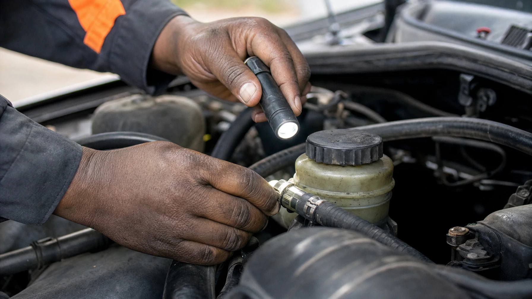 A mechanic's hands checking the power steering fluid reservoir and hose fitting in an engine bay with a flashlight