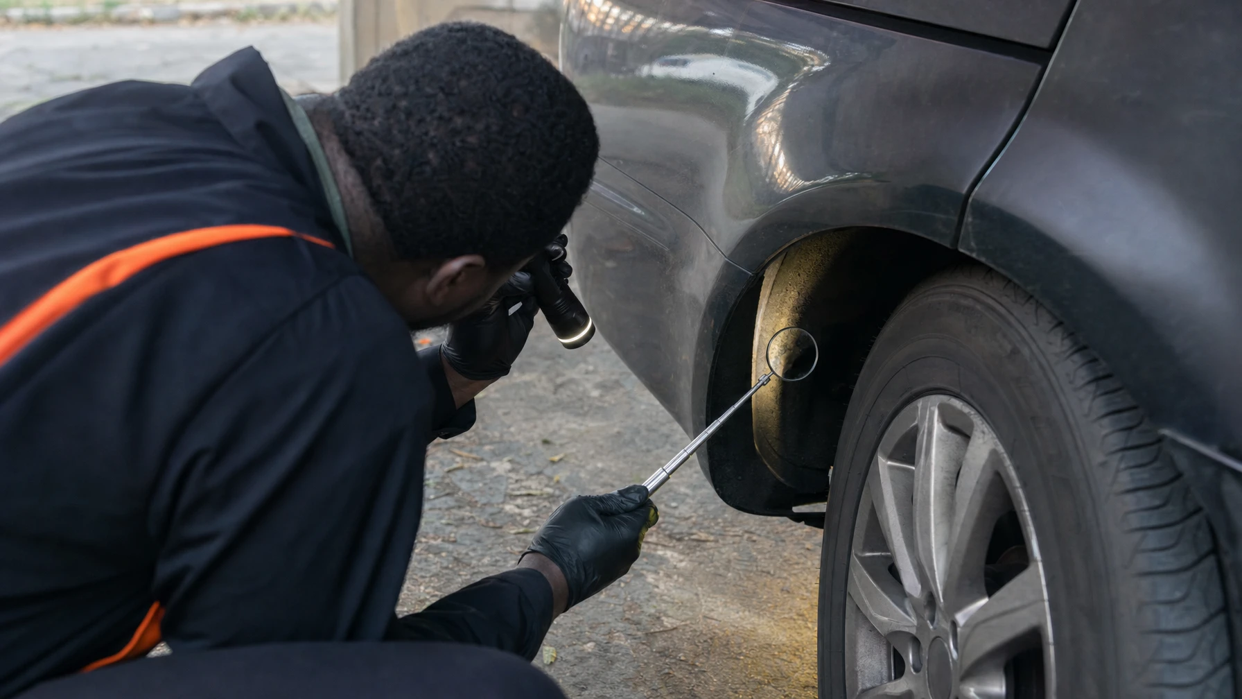 A mechanic using a flashlight and inspection mirror to check a used car's wheel well