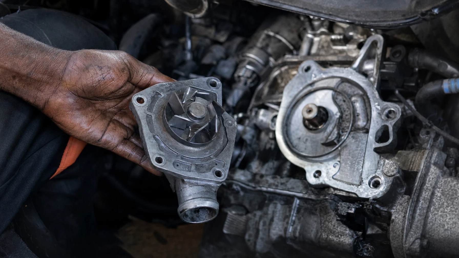 A mechanic holding a removed car water pump next to the engine's timing cover