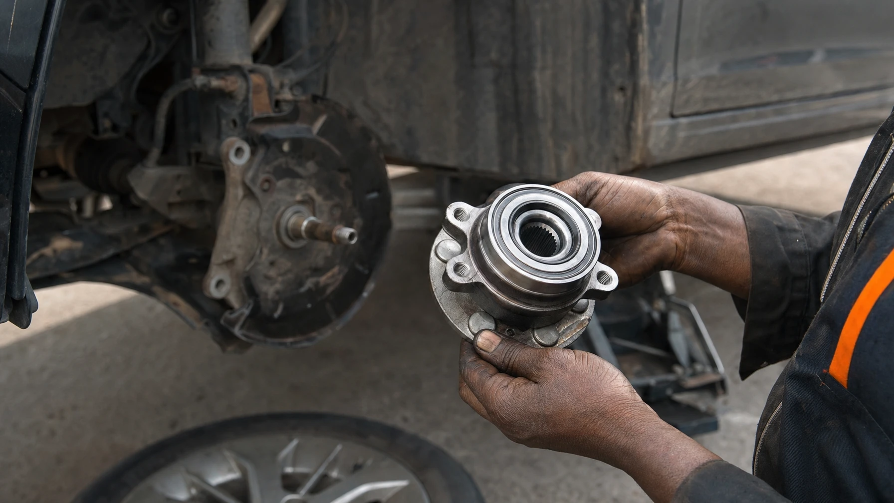 A mechanic's hands holding a car's wheel bearing hub assembly next to the wheel