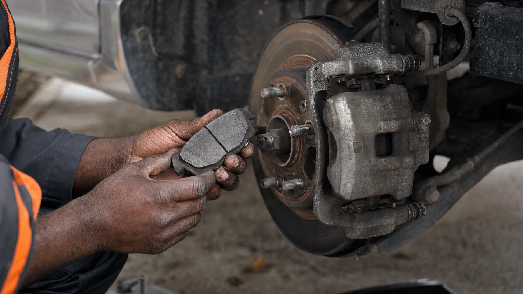 A mechanic's hands holding a worn brake pad next to a car's caliper and rotor