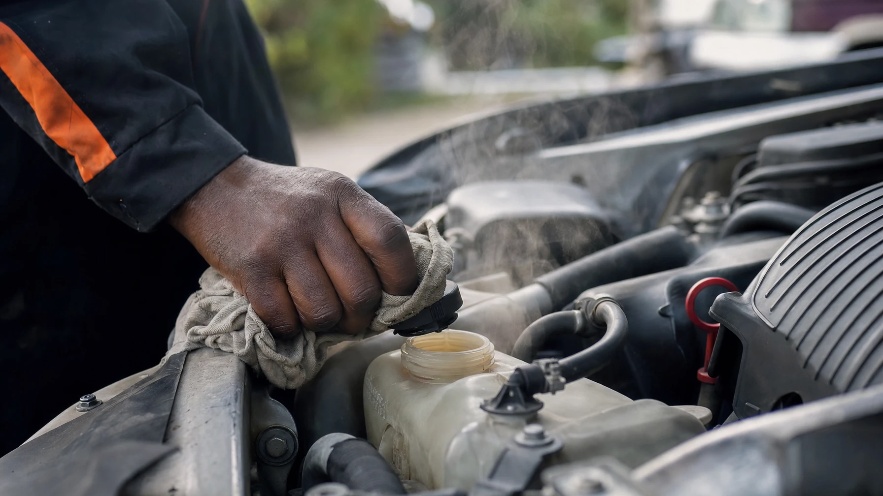 A mechanic carefully opening a car's coolant reservoir cap with a rag as steam rises
