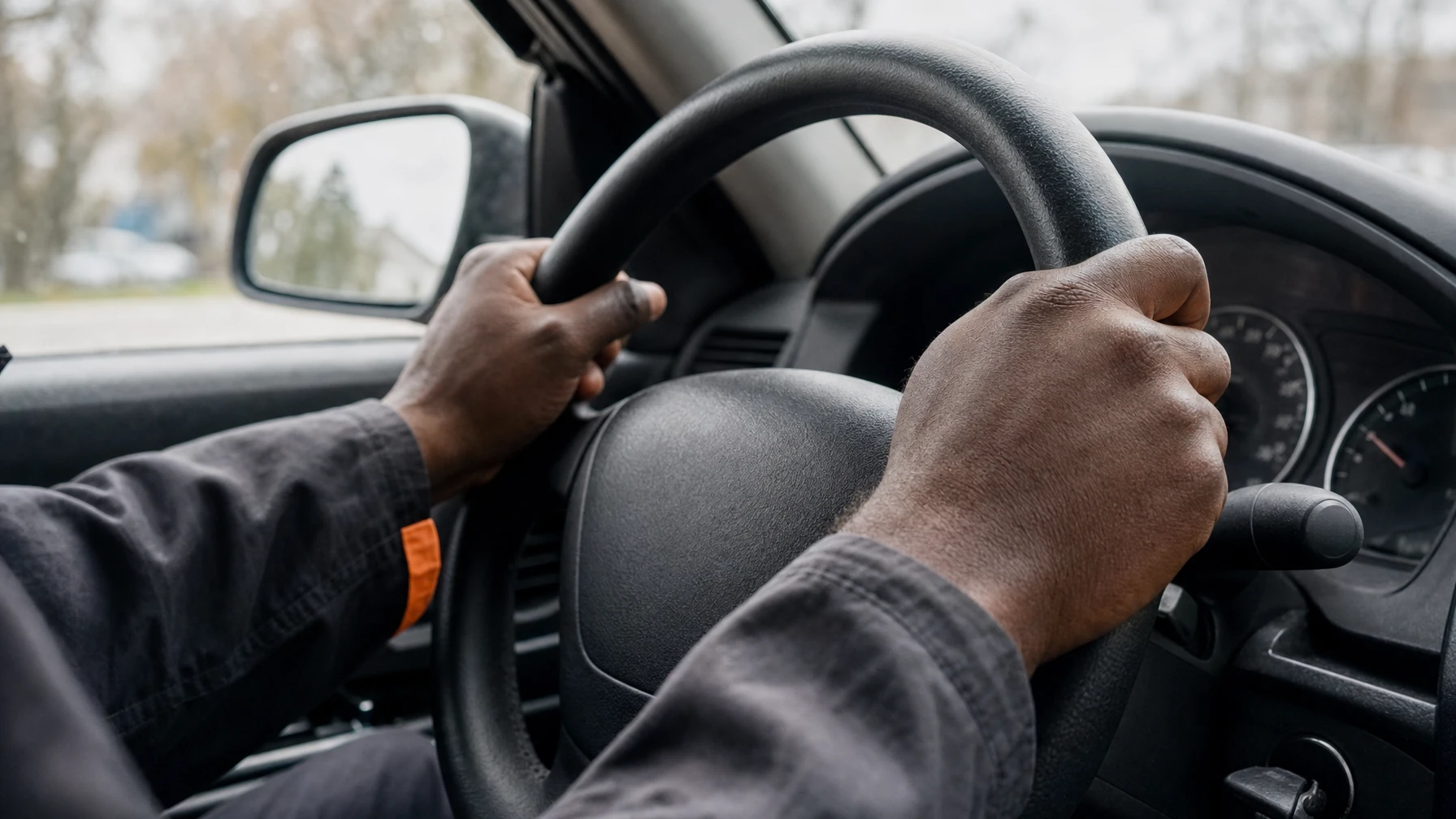 A driver's hands gripping the steering wheel of a car, dashboard visible